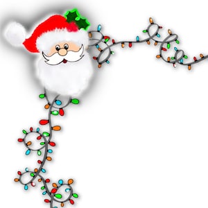May include: A festive Christmas border design featuring four Santa Claus faces with red hats and white beards. The Santas are positioned at the corners, connected by strings of colorful Christmas lights, creating a cheerful holiday frame.