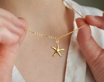Collier pendentif étoile de mer en or, chaîne de perles, bijoux de plage