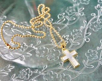 Cross Necklace, Mother of Pearl, Gold Cross Pendant, Shell