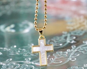 Cross Necklace, Mother of Pearl, Gold Cross Pendant, Shell
