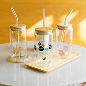 Glass Tumblers w/ Glass Straw & Bamboo Lid