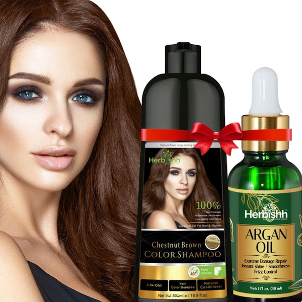 Buy 1pc Herbishh (Chestnut Brown) Hair Color Shampoo for Gray Hair Get 1pc Herbishh Argan Hair oil Free Active