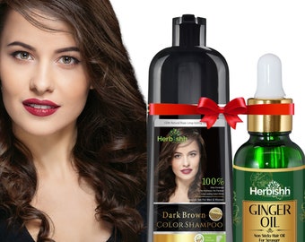 Compre 1pc Herbishh (marrón oscuro) Hair Color Shampoo para cabello gris Obtenga 1pc Herbishh Ginger Hair oil Free