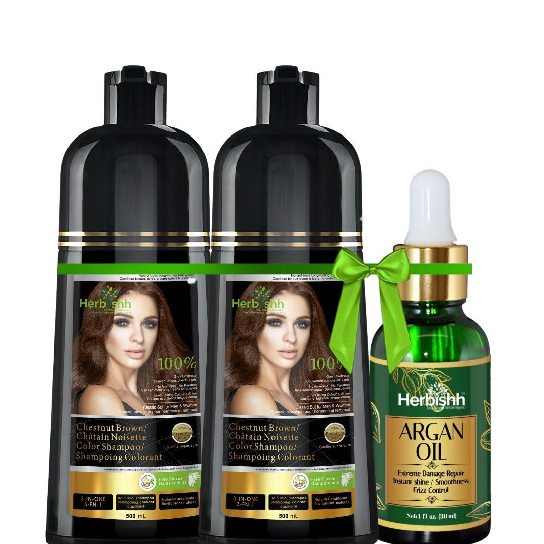 Herbishh Chestnut Brown Hair Color Shampoo with Argan Oil Gift Set (3-in-1 Grey Coverage)