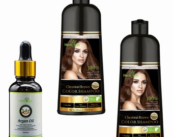 2pcs Herbishh hair Color Shampoo Natural Hair Dye for Gray Hair + 1PC Argan Hair Oil GIFT ( CHESTNUT BROWN )