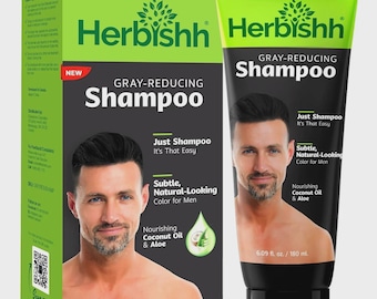 Shampoo Herbishh per ridurre i capelli grigi, dona volume e colore naturale ai capelli neri.