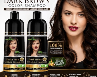 Herbishh 2 Pack Dark Brown Hair Dye Shampoo – 500ml | Argan Oil | Ammonia-Free Gray Hair Coverage