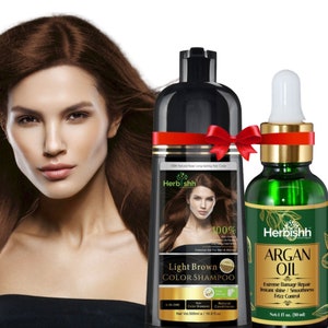 Buy 1pc Herbishh (Light Brown) Hair Color Shampoo for Gray Hair Get 1pc Herbishh Argan Hair oil Free Active