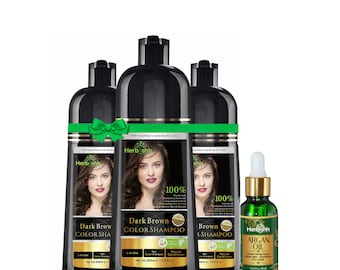 3pcs Herbishh hair Color Shampoo Natural Hair Dye for Gray Hair + 1pc Argan Hair Oil GIFT ( DARK BROWN )