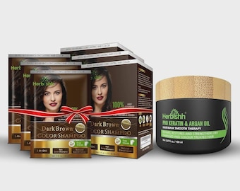 Herbishh Hair Color Shampoo Dark Brown 3 Pack + Argan Mask Gray Coverage