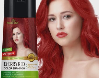 Herbishh Gray Hair Shampoo Cherry Red | 3-in-1 Hair Dye & Conditioner for Gray Coverage | Natural Herbal Hair Color Shampoo
