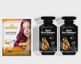 Herbishh Black Hair Color Shampoo 10 Sachets + Argan Mask Gray Coverage
