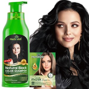 Szampon Herbishh Black Hair Color z olejkiem imbirowym | Naturalne pokrycie siwych włosów, wzrost włosów