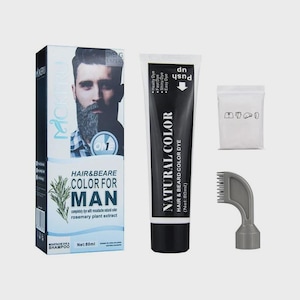 May include: A Mokeru hair and beard color dye kit featuring a rectangular box with a portrait of a person, an 80ml tube labeled Natural Color, a small white sachet, and a gray plastic applicator comb attachment for hair and beard grooming.