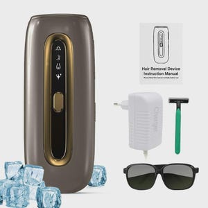 May include: A gray and gold hair removal device with a power adapter, razor, and sunglasses. The device has a gold trim and a series of indicator lights. The image also includes a manual titled "Hair Removal Device Instruction Manual".