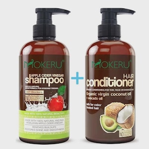 May include: Two brown plastic pump bottles containing Mokeru hair care products. The left bottle is apple cider vinegar shampoo with a red apple graphic. The right bottle is hair conditioner featuring organic virgin coconut oil and avocado oil.