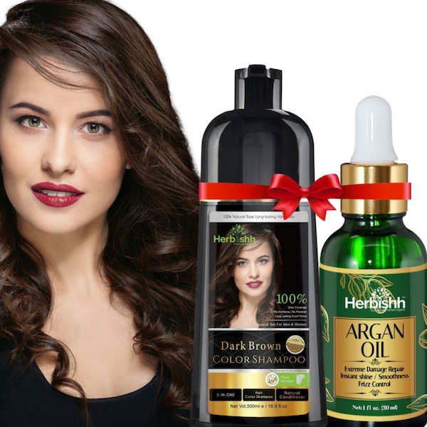 Buy 1pc Herbishh Hair Color Shampoo Dark  brown for Gray Hair Get 1pc Herbishh Argan Hair oil Free