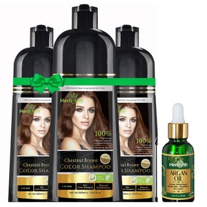 3pcs Herbishh hair Color Shampoo Natural Hair Dye for Gray Hair + 1PC Argan Hair Oil GIFT ( CHESTNUT BROWN )