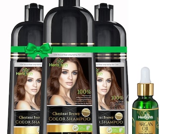 3pcs Herbishh hair Color Shampoo Natural Hair Dye for Gray Hair + 1PC Argan Hair Oil GIFT ( CHESTNUT BROWN )