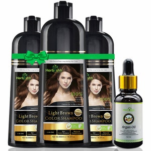 3pcs Herbishh hair Color Shampoo Natural Hair Dye for Gray Hair +1PC Argan Hair Oil GIFT ( LIGHT BROWN )