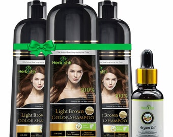 3 uds. Herbishh champú para teñir el cabello, tinte Natural para cabello gris + 1 unidad de aceite para el cabello de argán de regalo (marrón claro)