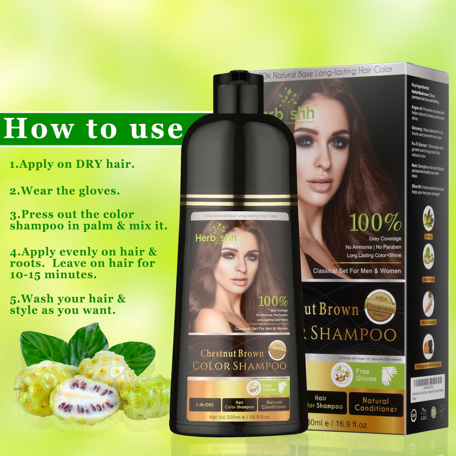 Buy 1pc Herbishh chestnut Brown Hair Color Shampoo for Gray Hair Get