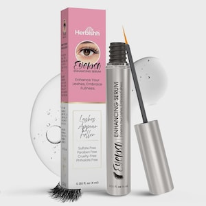 May include: A silver eyelash enhancing serum bottle with a black cap and applicator brush, next to a pink and white box. The box and bottle have the words "Eyelash Enhancing Serum" and "Enhance Your Lashes, Embrace Fullness."