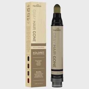 Puede incluir: Un bolígrafo y una caja de retoque de raíces "Gray Hair Gone" rubio medio. El bolígrafo es negro y beige con un aplicador de cepillo. La caja es beige con el texto "KOLORET ROOT TOUCH UP PEN" y "MEDIUMBLONDE".