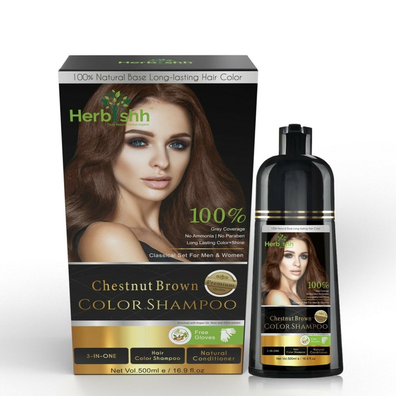 2pcs Herbishh hair Color Shampoo Natural Hair Dye for Gray Hair 1PC Argan Hair Oil GIFT CHESTNUT BROWN image 2