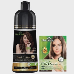 Może przedstawiać: Wyświetlono czarną butelkę "Dark Coffee Color Shampoo" i zielony pakiet "hair mask with argan oil". Butelka szamponu przedstawia kobietę z ciemnymi włosami i tekstem wskazującym 100% pokrycie siwizny.