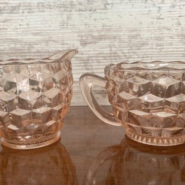 Vintage Jeanette Pink Cube/Cubist Creamer and Sugar Set.  Depression glass.