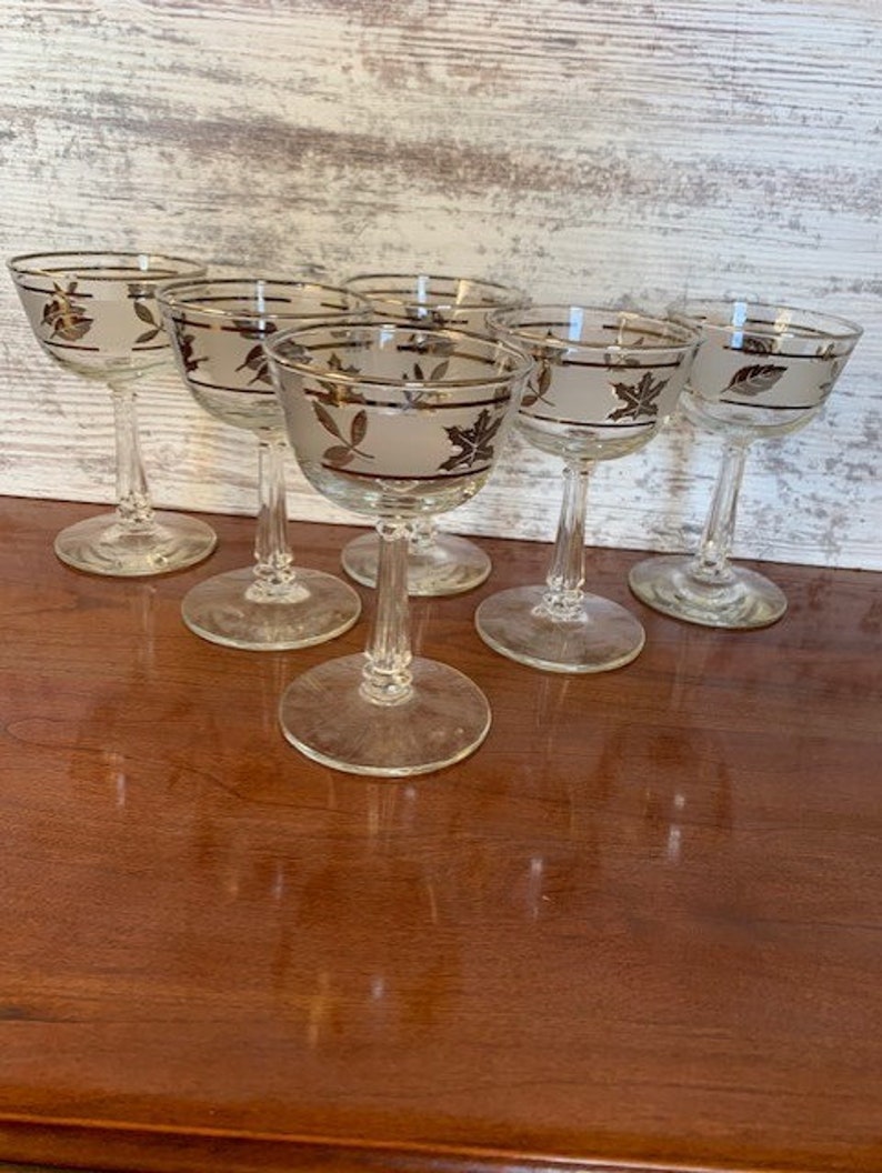 Mid Century Barware Vintage Set of 6 Libbey Silver Leaf frosted small wineapperatif glassesgoblets