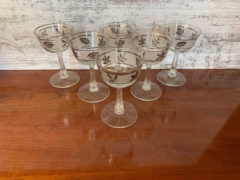 Mid Century Barware Vintage Set of 6 Libbey Silver Leaf frosted small wineapperatif glassesgoblets