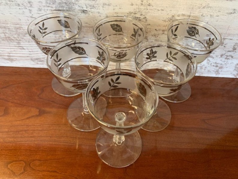 Mid Century Barware Vintage Set of 6 Libbey Silver Leaf frosted small wineapperatif glassesgoblets