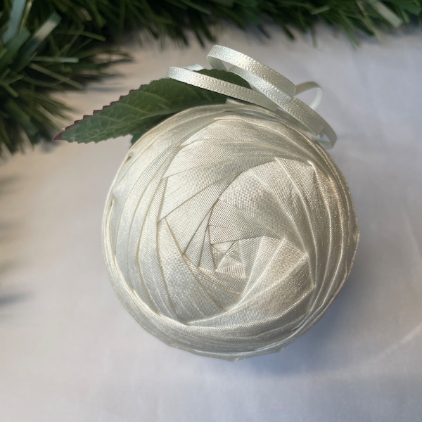 Wedding dress ornament, white Christmas decoration, quilted bauble, folded fabric bauble, Christmas gift for quilter, gift for bride to be