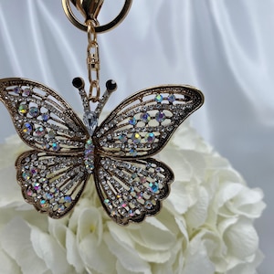 Clear Diamante Butterfly Brushed Gold Metal Keyring | Crystal | Rhinestone | Bling | Gold metal | Bag charm | Gift | Present | Small Gift