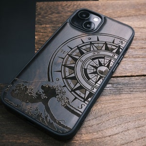 La Brújula Sobre Grandes Olas, Funda de Madera para iPhone, Samsung Galaxy y Google Pixel, Personalizable