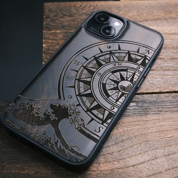 The Compass On Great Waves, Holzhülle für iPhone, Samsung Galaxy und Google Pixel-Handys, personalisierbar