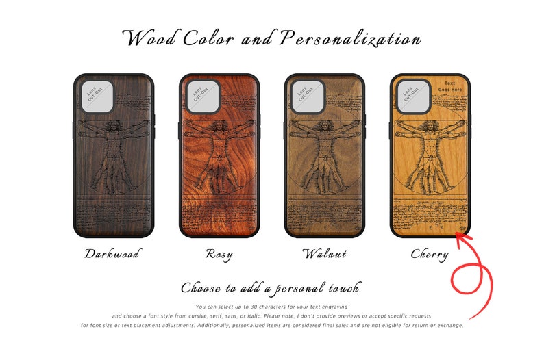 Leonardo da Vinci's Vitruvian Man Art, Wood Case for iPhone, Samsung Galaxy and Google Pixel Phones, Personalizable image 2