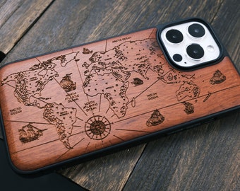 World Map w/Compass, Wood Case for iPhone, Samsung Galaxy and Google Pixel Phones, Personalizable