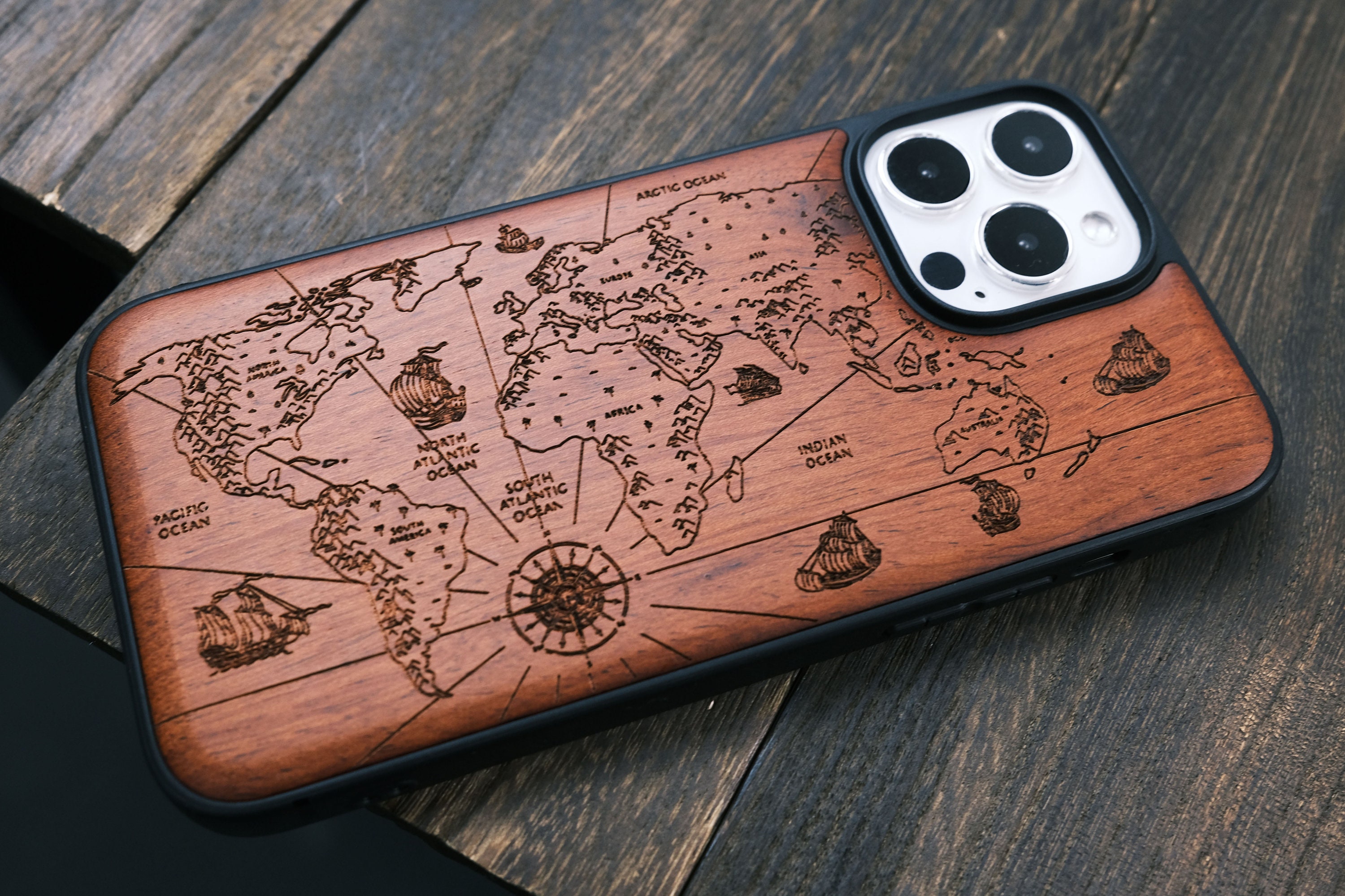 World Map w/Compass, Wood Case for iPhone, Samsung Galaxy and Google Pixel Phones, Personalizable