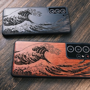 La grande vague de Kanagawa, coque en bois pour iPhone, Samsung Galaxy et téléphones Google Pixel, personnalisable