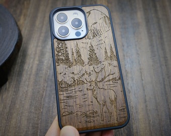 Une illustration fascinante de paysage naturel, coque en bois pour téléphones iPhone, Samsung Galaxy et Google Pixel, personnalisable