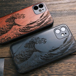 The Great Wave off Kanagawa of Wooden cellPhone cases Apple iPhone 11 12 13 14 Pro Max XR XsMax 7 8Plus SE, Google Pixel 6 6a 6Pro 7 7Pro, Samsung Galaxy S21 22 20 Ultra Note, Custom engraving Japanese Japan Waves Gifts Magsafe Magnetic. Handmade.Art