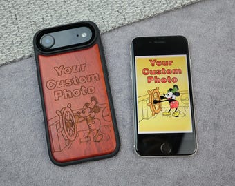 Classic Steamboat Captain Engraved Phone Case | Vintage Cartoon Art Wood Cover | Iconic Animation Gift