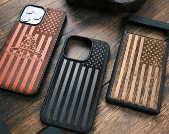 Ideen mit einer amerikanischen Flagge, Holzhülle für iPhone, Samsung Galaxy und Google Pixel-Handys, personalisierbar