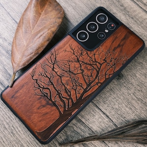 Design di rametti d'albero, custodia in legno per iPhone, Samsung Galaxy e telefoni Google Pixel, personalizzabile