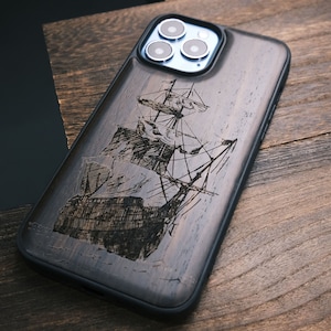 Vecchie barche a vela, custodia in legno per iPhone, Samsung Galaxy e telefoni Google Pixel, personalizzabile