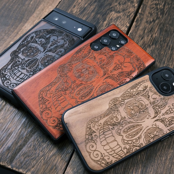 Crâne en sucre (punk rock), coque en bois pour iPhone, téléphones Samsung Galaxy et Google Pixel, personnalisable
