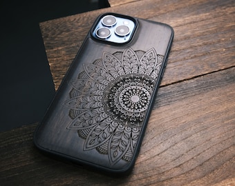 Art mandala semi-floral, coque en bois pour téléphones iPhone, Samsung Galaxy et Google Pixel, personnalisable